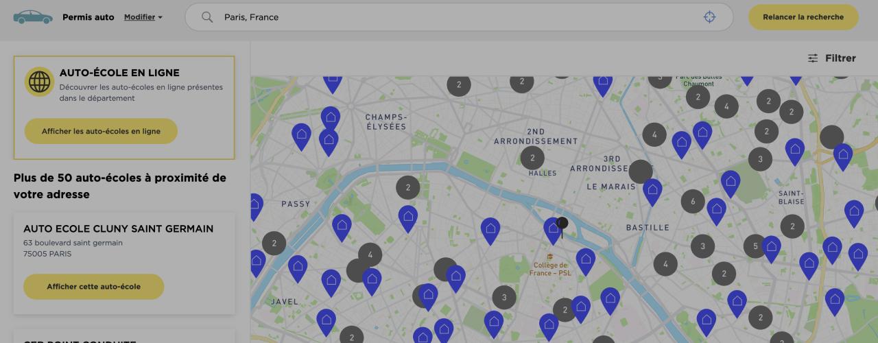 Capture d'écran du site de la carte des auto-écoles en France métropolitaine