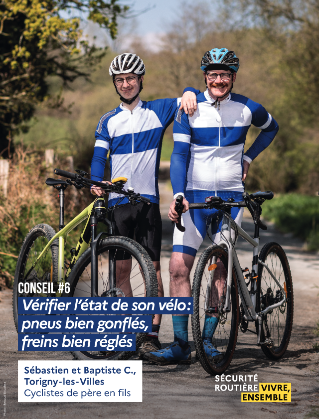 photographie du conseil #6 de la campagne vélo 2023 "vérifier l'état de son vélo: pneus bien gonflés, freins bien réglés"